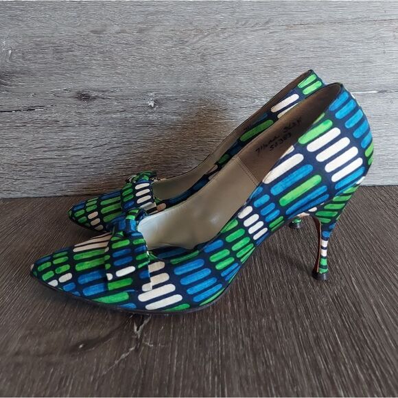 Vintage 1950's Herbert Levine Blue, Green & White Bow Pointy Pumps 7.5AA - Picture 4 of 10